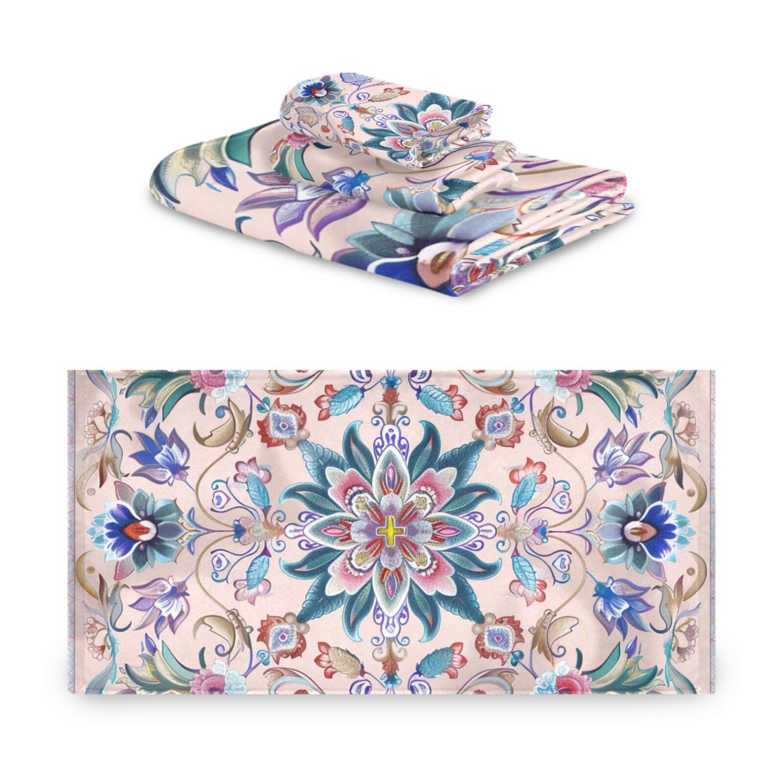 Set di 3 asciugamani morbidi per il viso con fiori di pesco blu, 1 asciugamano da bagno, 1 asciugamano per le mani, 1 panno per la casa, cucina e famiglia