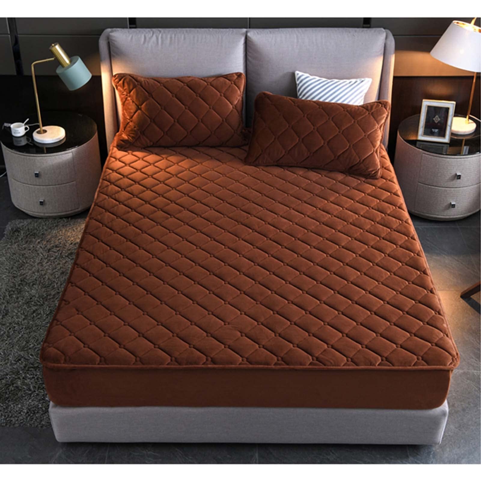 Yudeyu Brown Quilted Fitted Sheets Soft Crystal Velvet Fabric Mattress Protector Double Single Bed Toppers Overlays(,150X200cm/High 10-30Cm)