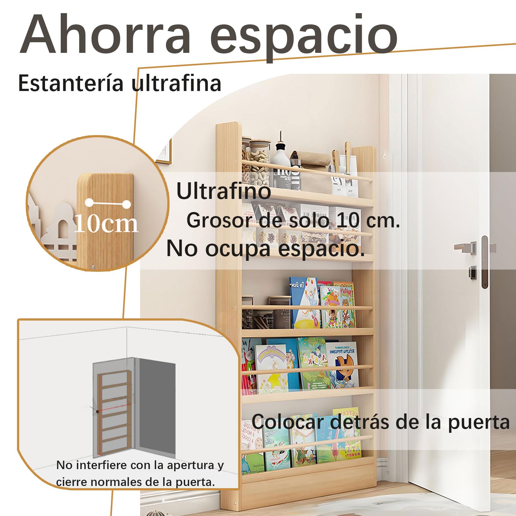 Estantería Ahorra Espacio, Estantería de Puerta Ultra Estrecha de 10 cm, Muebles de Almacenamiento Detrás de la Puerta, Mueble de Almacenamiento para Sala de Estar y Estudio
