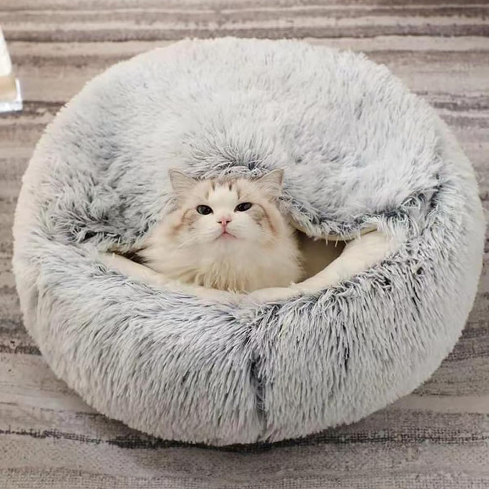 Lit apaisant pour chien et chat - Coussin en peluche moelleuse pour chiot, chaton - Grotte en forme de beignet pour petit chien - Sac de couchage d'intérieur pour chat - Doux et chaud - Gris