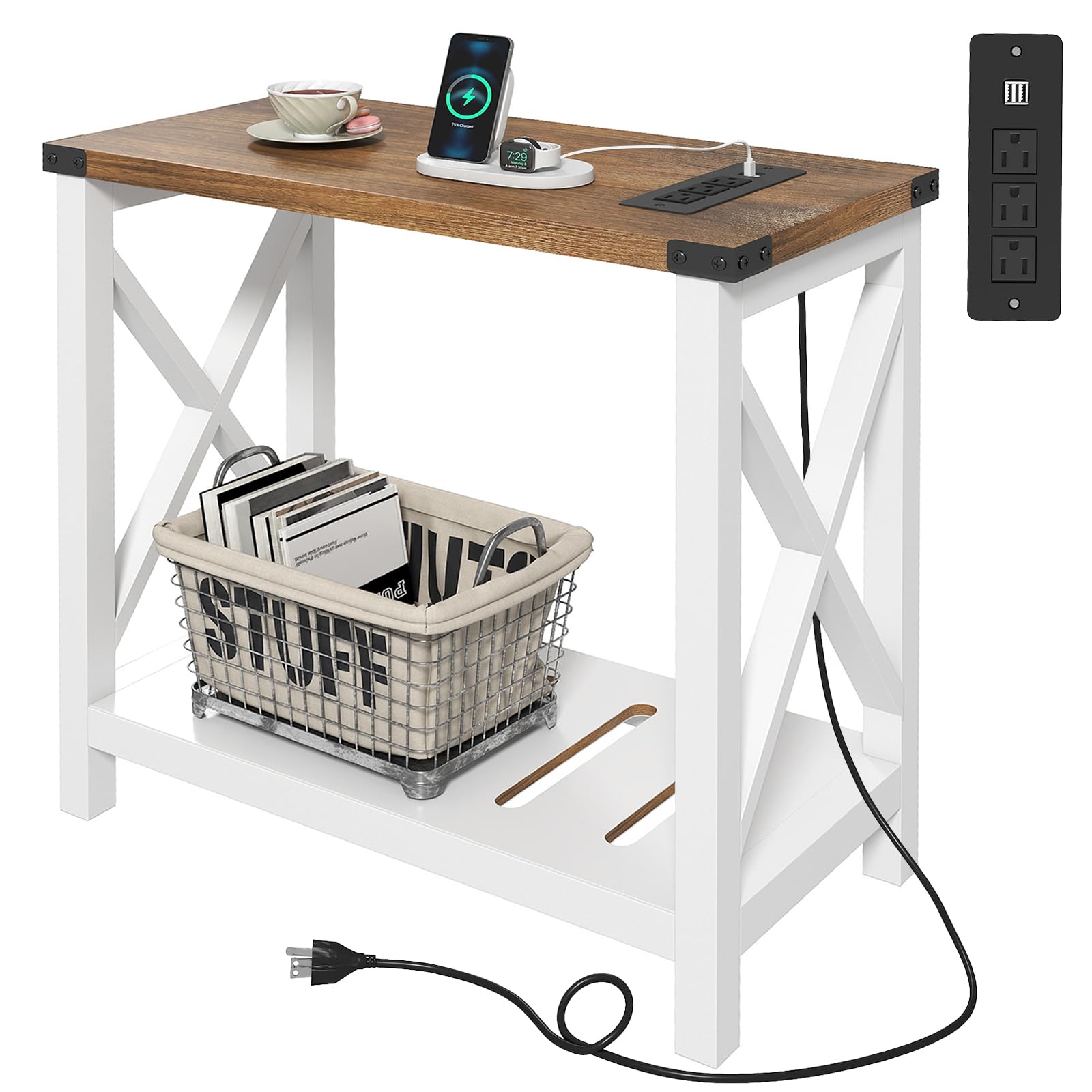 Hadulcet Farmhouse Side Table with Storage Shelf - Narrow End Table with Charging Station, Slim End Tables Living Room, Rustic X-Design Nightstand for