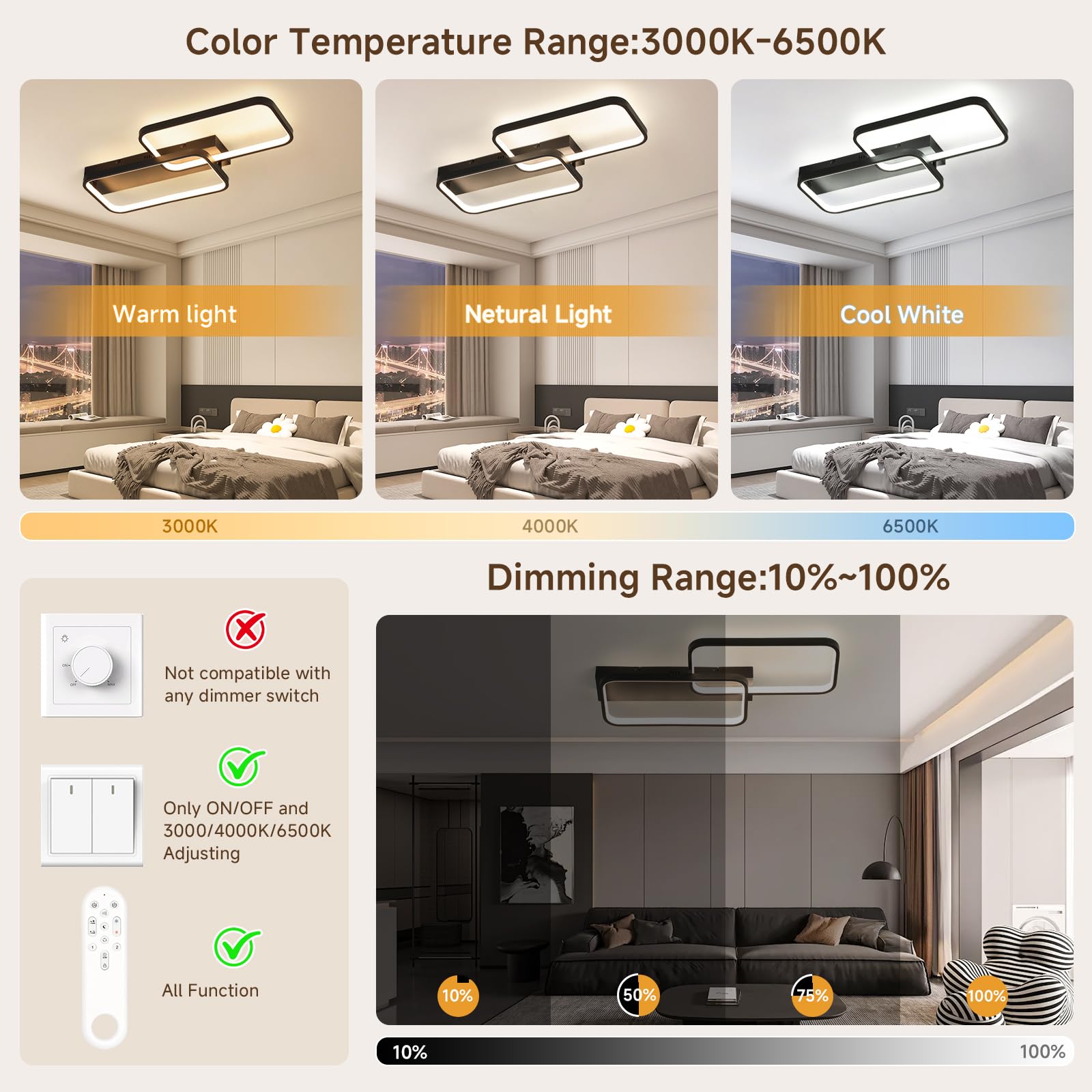 OTREN Lampa sufitowa LED 40 W, 4000 lm, regulowana za pomocą pilota 3000 K, 6500 K, pamięć i blokada, lampka nocna i timer do salonu, sypialni, kuchni, 61 cm, czarna