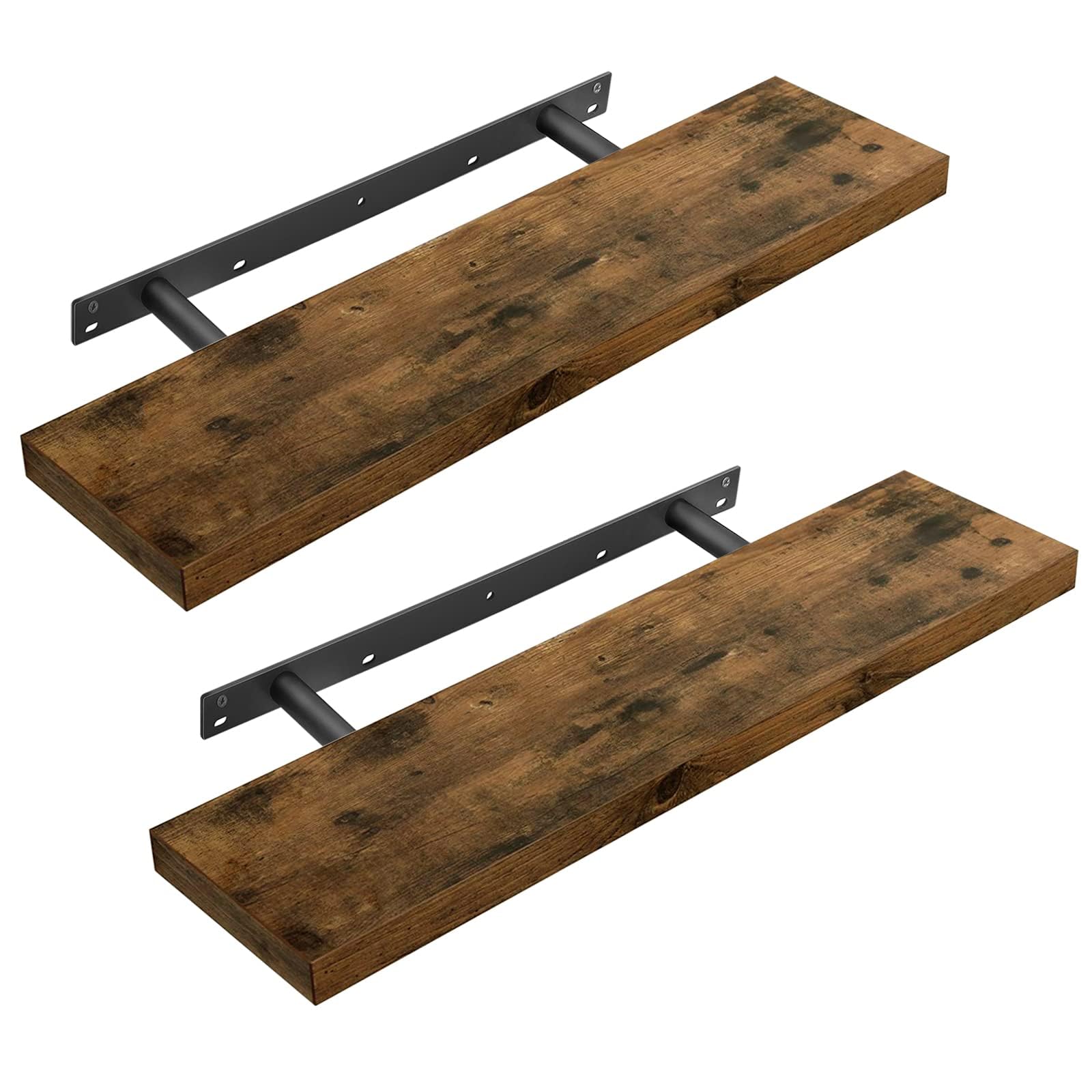 Two VASAGLE floating shelves mounted in a kitchen, holding jars of ingredients and bottles of oil, with kitchen utensils hanging below.