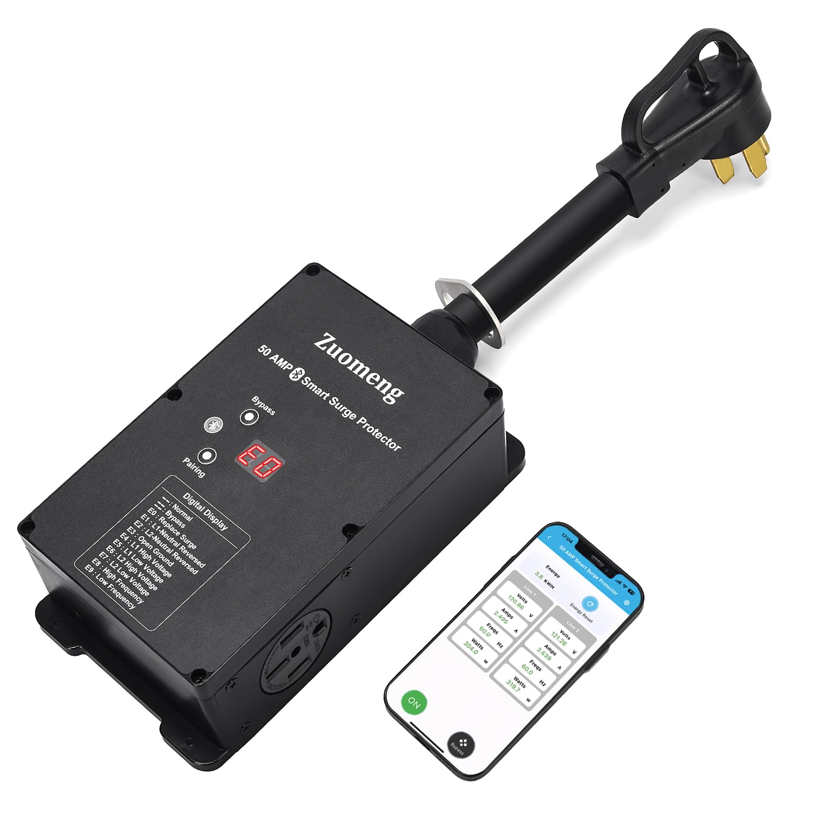 Zuomeng Bluetooth 50 Amp RV Surge Protector with Auto Shutoff & Replaceable Surge Protection Module – UL Certified