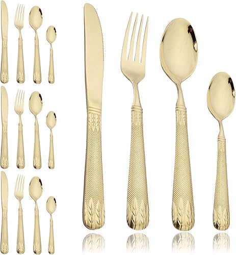 JASHII Champagne Gold - Juego de cubiertos de acero inoxidable 304 para 4, con orejas de trigo vintage en relieve, mango plano pulido espejo, apto