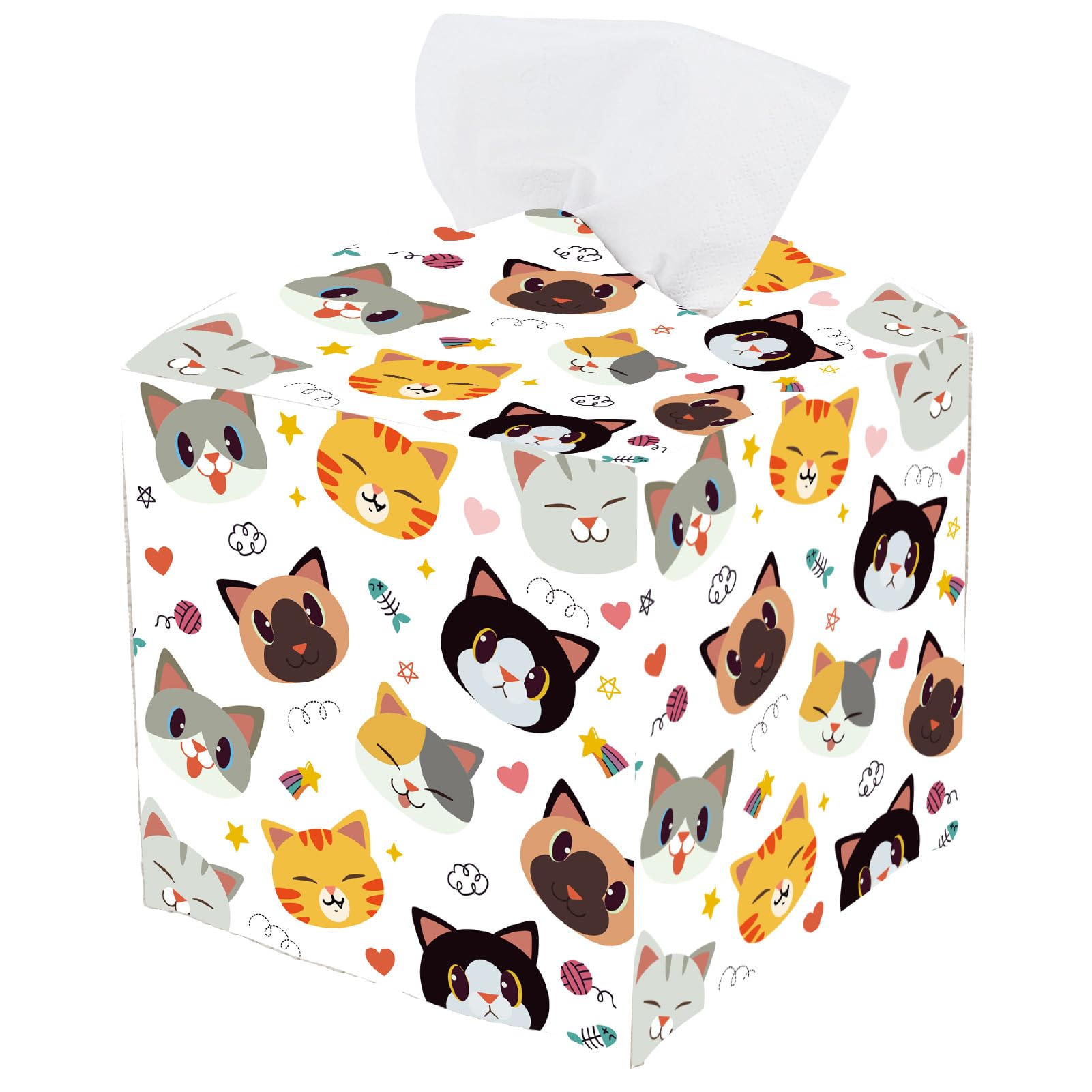 PRESSINART Cat Tissue Box Cover Square Leather Tissue Box Holder Cute Cat Face Waterproof Facial Paper Organizer Dispenser for Bathroom Bedroom Kitchen Vanity Home Car Desk Countertop Night Stands