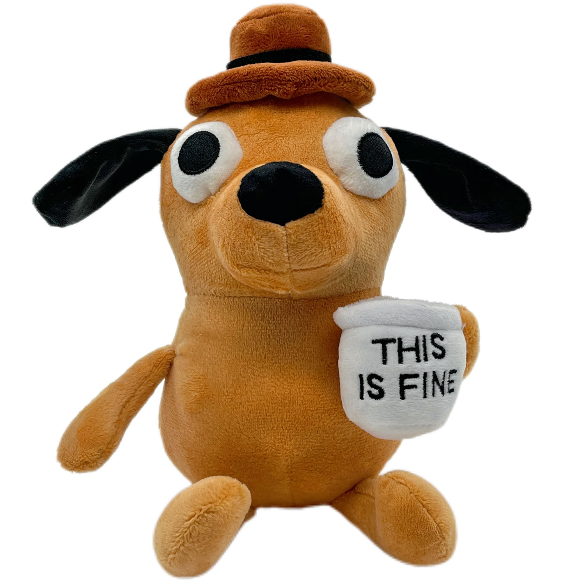 This is Fine Dog Plush, 11" inches Sized, Funny Coffee Drinking Dog Stuffed Animal Action Figures Soft Dolls Meme Plushies, Xmas Birthday Party Graduation Humor Gag Hilarious Ideal Gifts