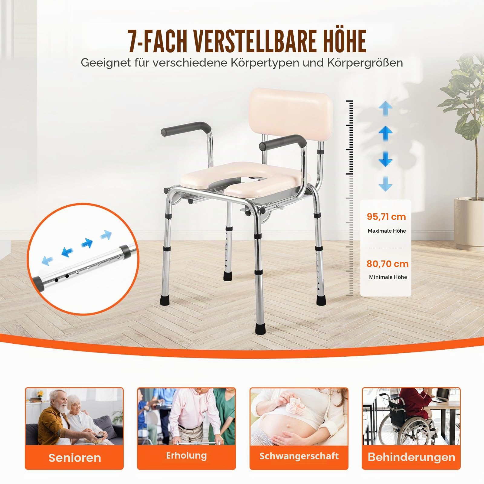 VEVOR Toilettenstuhl, Nachtstuhl mit Gepolstertem Sitz, Herunterklappbaren Armlehnen, 7-stufig Höhenverstellbar 490-640 mm, Abnehmbarer Eimer, 158,8 kg Belastbar, Tragbare Toilette für Erwachsene