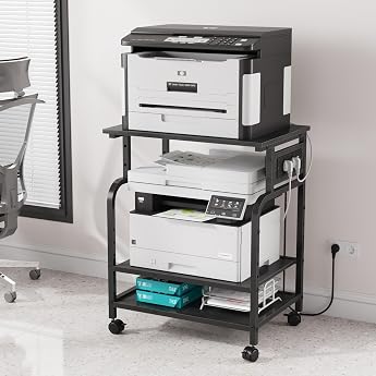 OYRREU 3-Tier Rollable Printer Desk with Sockets - Black | Integrated charging station, easy rolling, height-adjustable centr