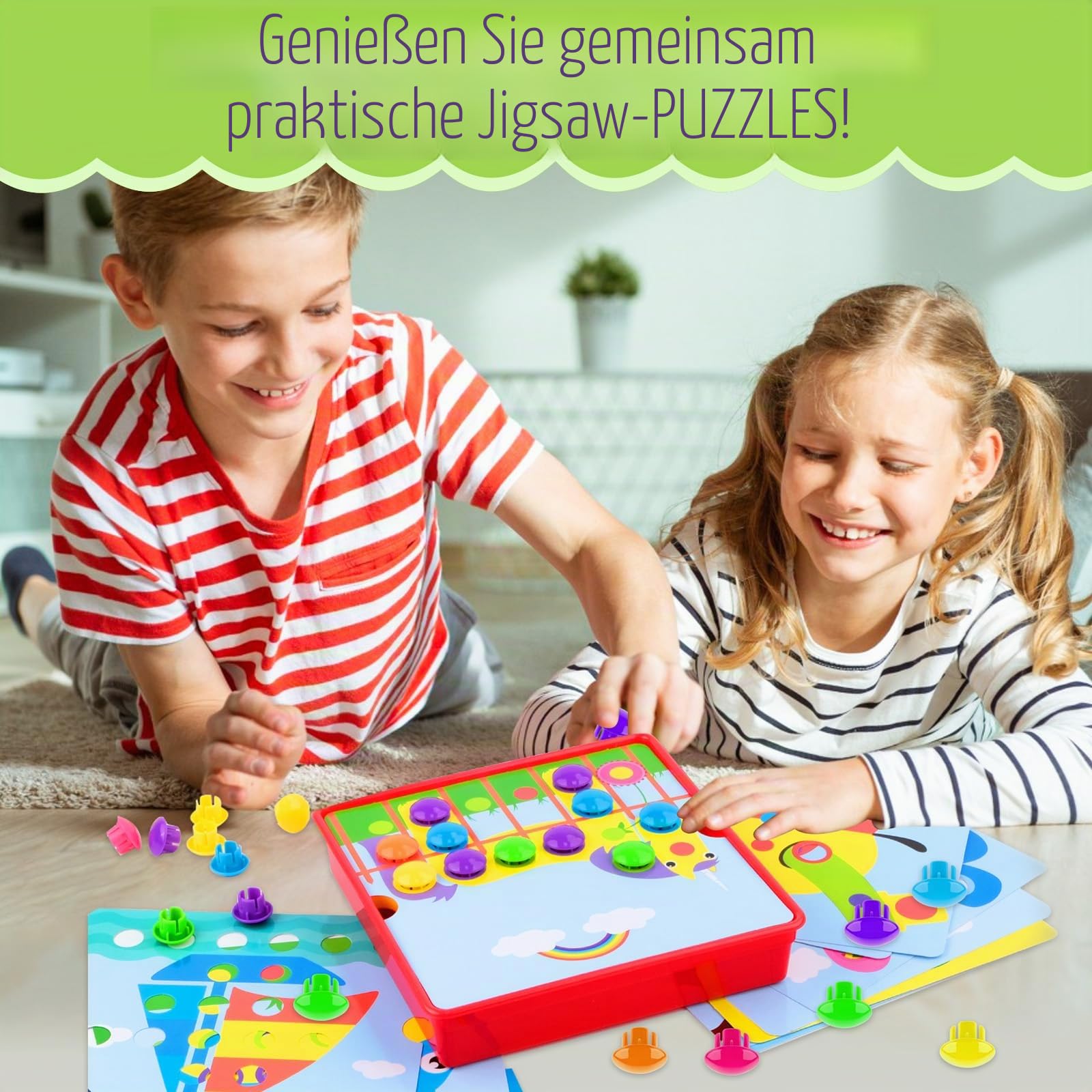 Mosaik Steckspiel ab 4 5 6 Jahre, Montessori Lernspielzeug mit 12 Bildvorlagen & 46 Steckperlen, Farben Lernen & Motorik fördern, Pädagogisches Steckspiel für Kinder, Geschenk Junge Mädchen
