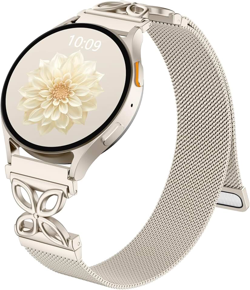 Getino Pulseira magnética de metal compatível com Galaxy Watch 7, Galaxy Watch 6 Classic FE 5 Pro 4 Active 2, pulseira elegante floral milanesa de 20 mm para Samsung Watch feminina de 40 mm, 44 mm e