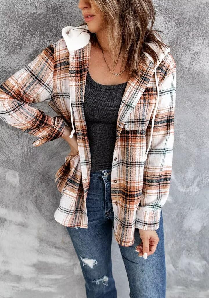 LACOZY Womens Flannel Checked Shirts Hoodies Long Sleeve Oversized Buffalo Plaid Sweatshirt Button Down Jacket Sweater
