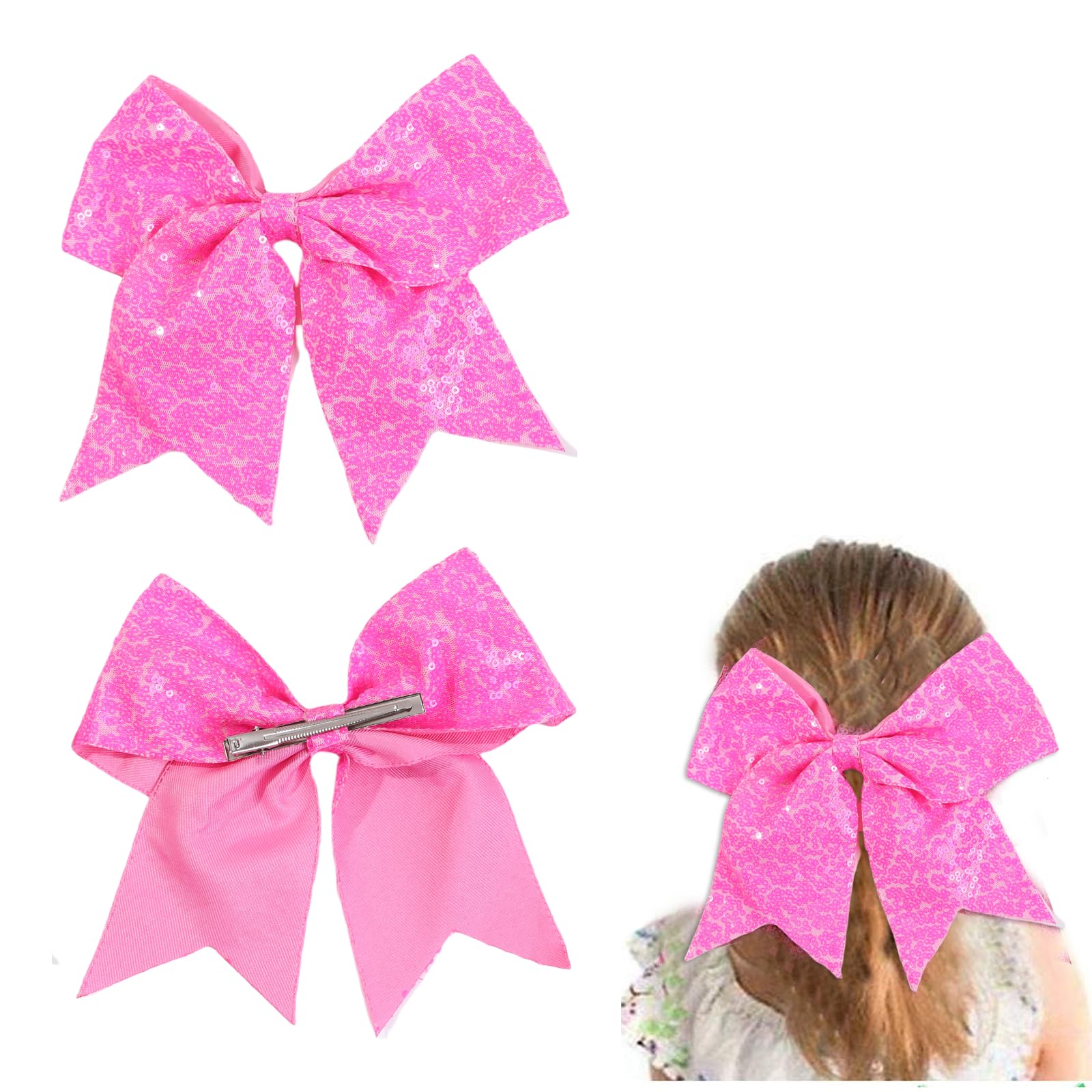 2 Packs Jumbo Pink Cheerleading Bow 8 Inch Large Cheer Hair Bows with Alligator Clips for Teen Girls Softball Outfit Uniform (Sequin Pink)