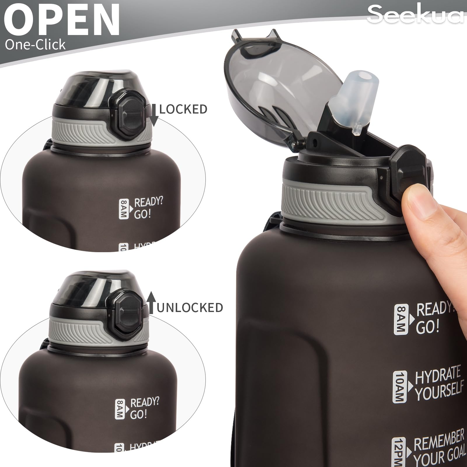 Seekua Sportiva Borraccia Motivazionale 0.6l / 1l / 2l con Cannuccia & Orari per Bere Grande Bottiglia Acqua Tritan per Palestra, Sport, 2 Coperchi, 2 litri