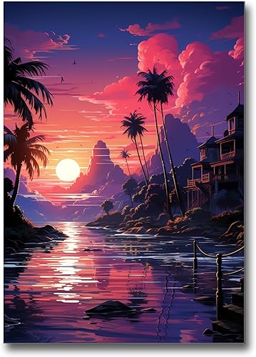 Neon Sunset Vibes Florida Synthwave Sunset Framed poster Print, Retro Miami Style Wall Art, Decor poster, Art Decor