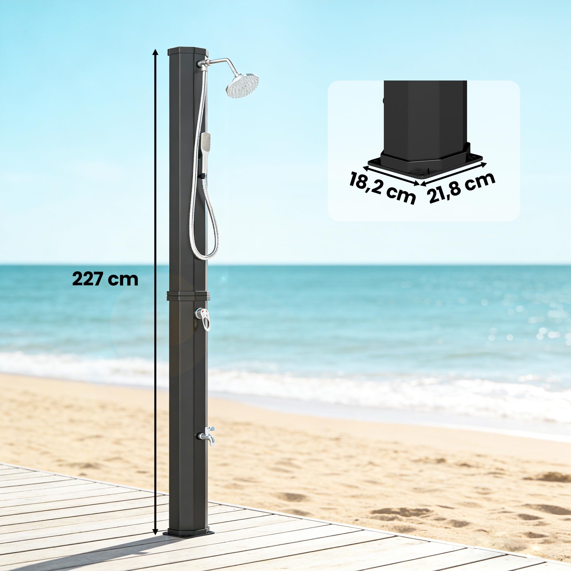 Outsunny Douche Solaire de Jardin XXL 60L avec Douchette à Main et Robinet - Douche Extérieure de Piscine avec Mitigeur Eau Chaude/Froide, Hauteur 208 cm, Pression 3,5 Bar, Noir