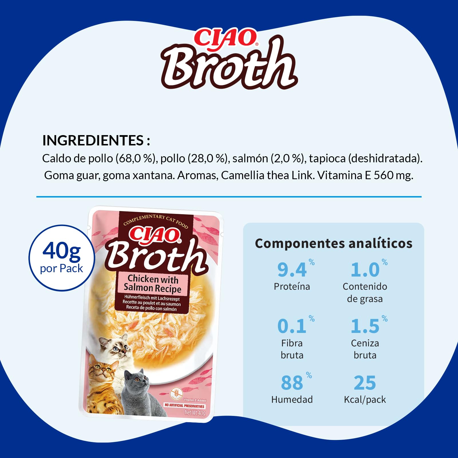INABA Churu Broth Gatos - Snacks Receta Pollo y Salmón - Premios con Proteínas Animales - Caldo Sin Cereales, Sin Conservantes, Sin Colorantes - Sólo 16Cal - 480g (12 x 40g)