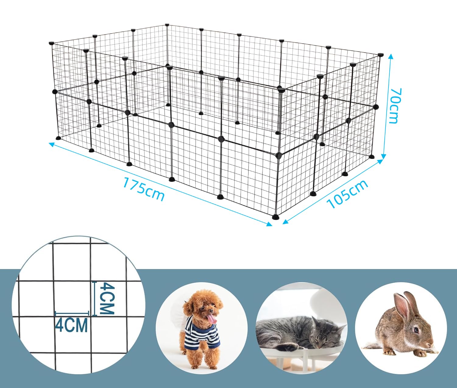 Parc Enclos, DIY Porte Petit Animal Pet Fence, Cage, Clôture, Intérieur, Modulable, pour Cochon d’Inde, Lapin, Hérisson, Petits Animaux, Panneaux Grillagés, 175 x 105 x 70 cm, 32 PCS, Noir