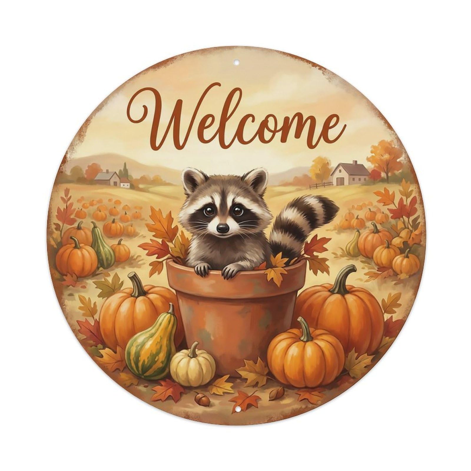 Welcome Raccoon Pumpkin Patch Metal Tin Sign