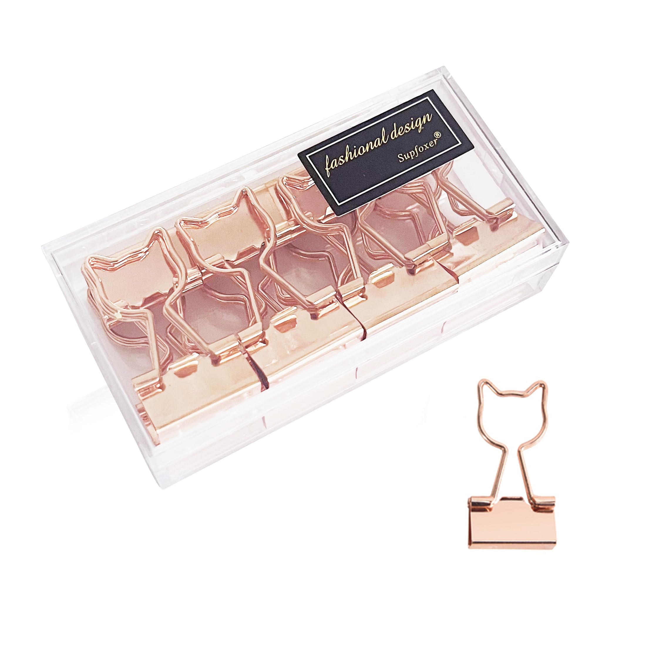 Cat Binder Clips,Rose Gold Cute Metal Binder Clips with Cat Shaped 3/4-Inch Small Office Supplies for Cat Lovers Decor (12Pcs)