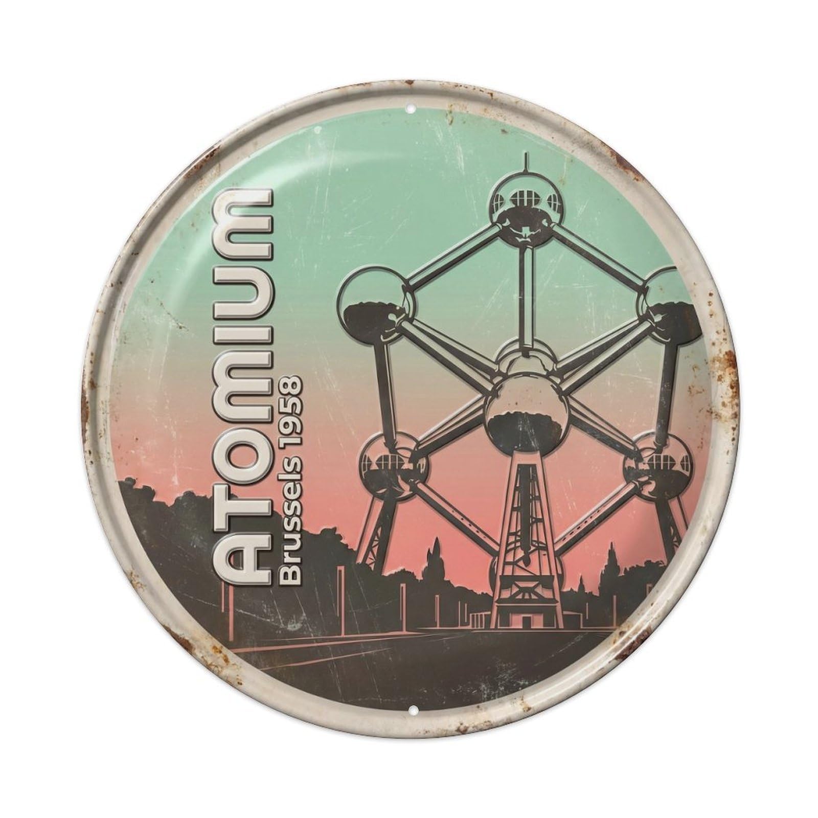Cmhok Vintage Style-11 Vintage Travel Atomium Belgium Artwork Metal Tin Sign Plaque Wall Decor For Cafe, Club, Garden Round Metal Poster 8X8inch