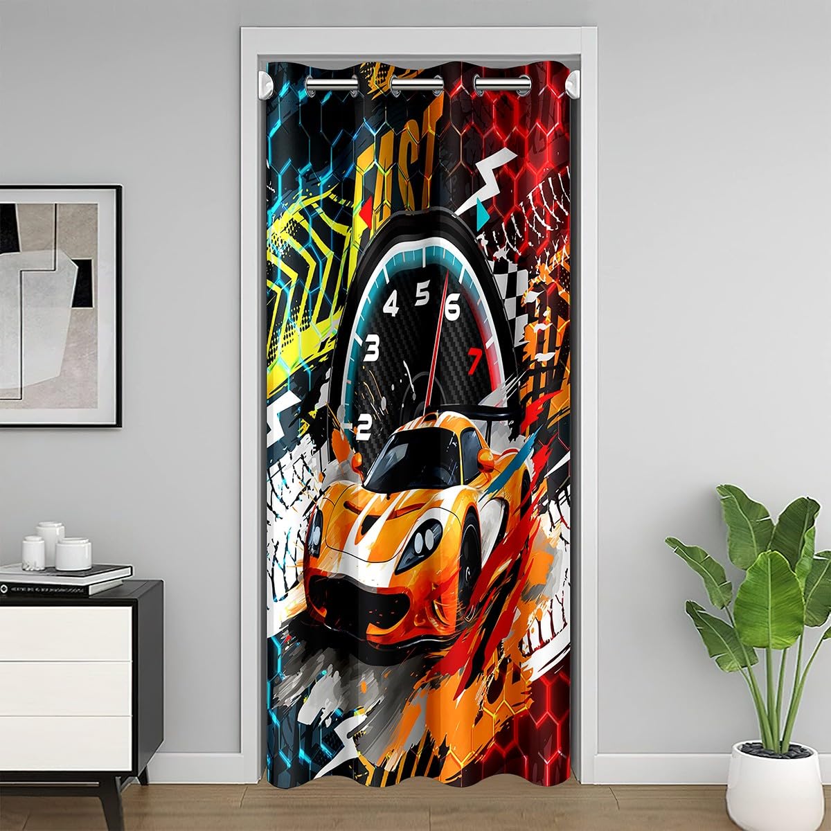 Race Soprts Car Doorway Curtain Privacy 150x203cm Kids Racing Car 30%-50% Room Darkening Blackout Curtain Car Sports Competition Door Cover Curtain Extreme Sports Window Treatments Room Decor
