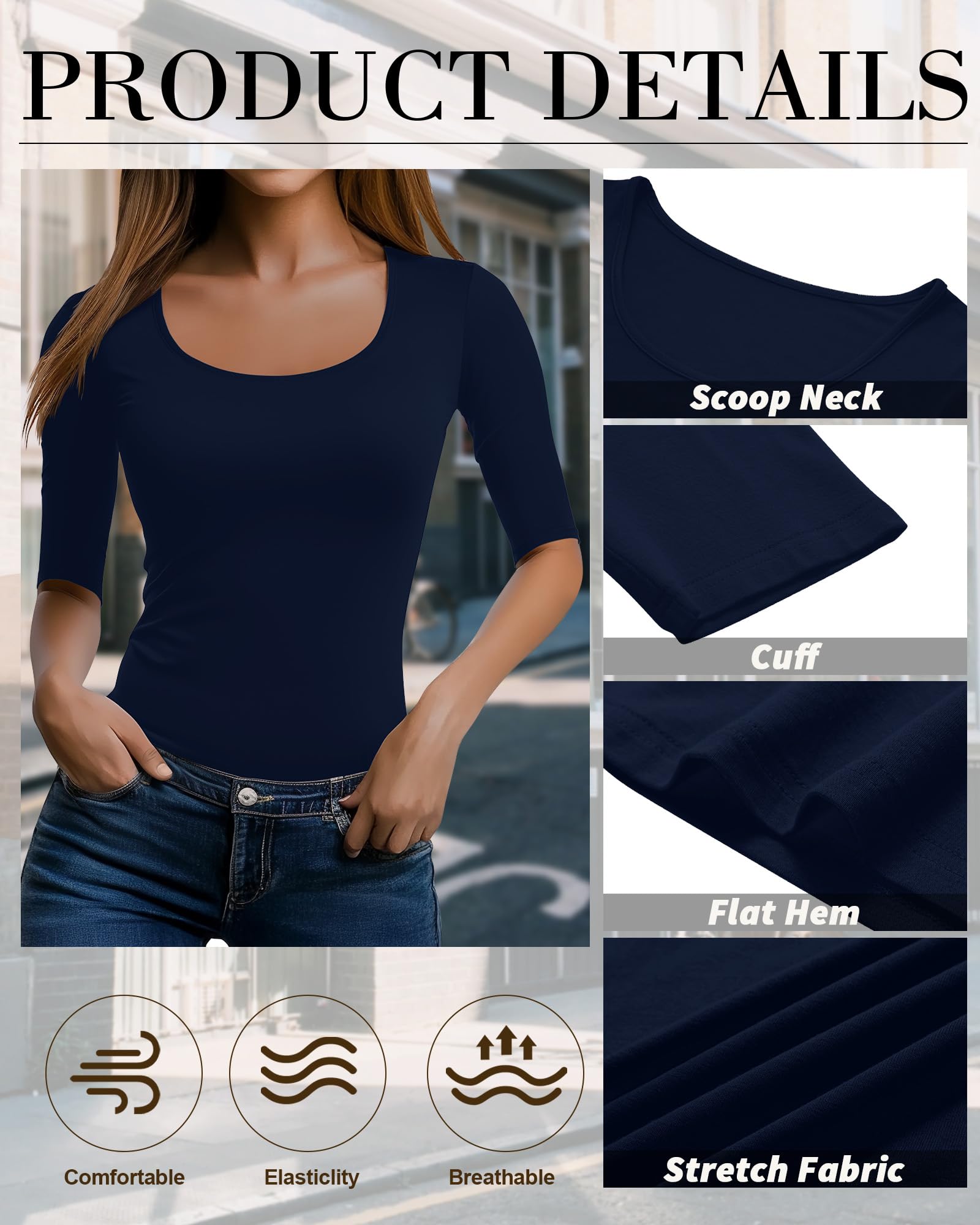 Neer Pack de 3 Tops Mujer Escote Redondo Manga Media Ajustados Estirables Mezcla Algodón Básicos Verano