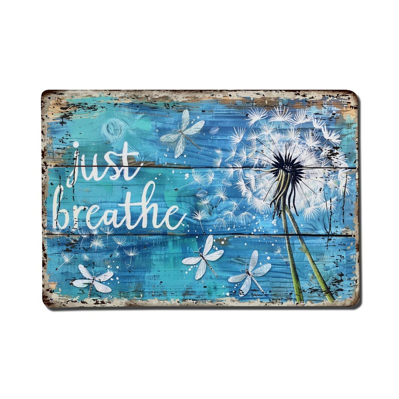 Just Breathe Dandelion Dragonfly Blue Tin Sign Metal Poster Vintage Metal Signs for Home Man Cave Bar Cafe Kitchen laundry room Wall Decorations Gift 8x12Inch