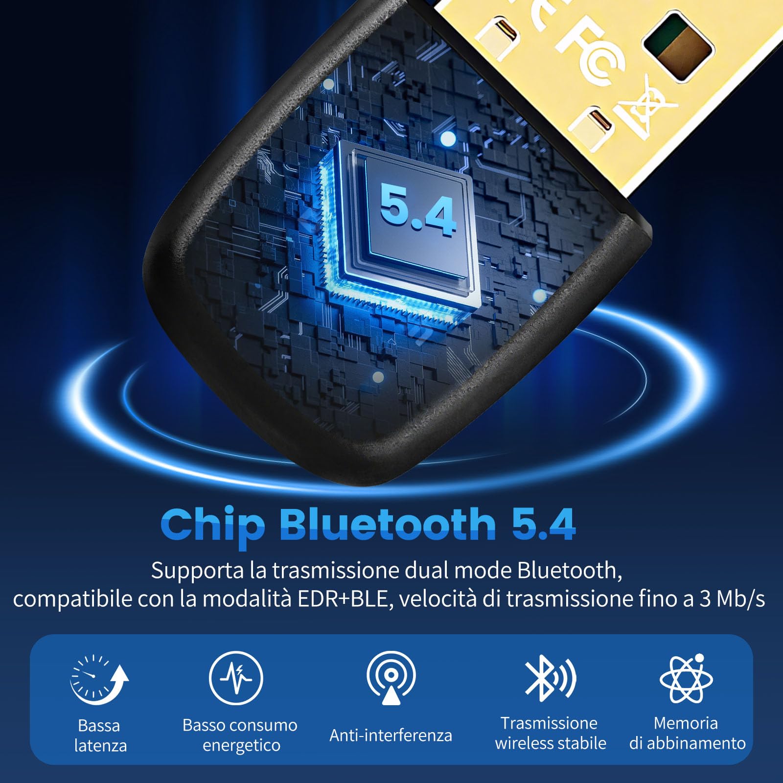 Adattatore Bluetooth 5.4 USB per PC, ricevitore Bluetooth Dongle a bassa latenza, Plug & Play, compatibile con Windows 7/8.1/10/11, computer desktop e laptop, mouse, tastiera, cuffie