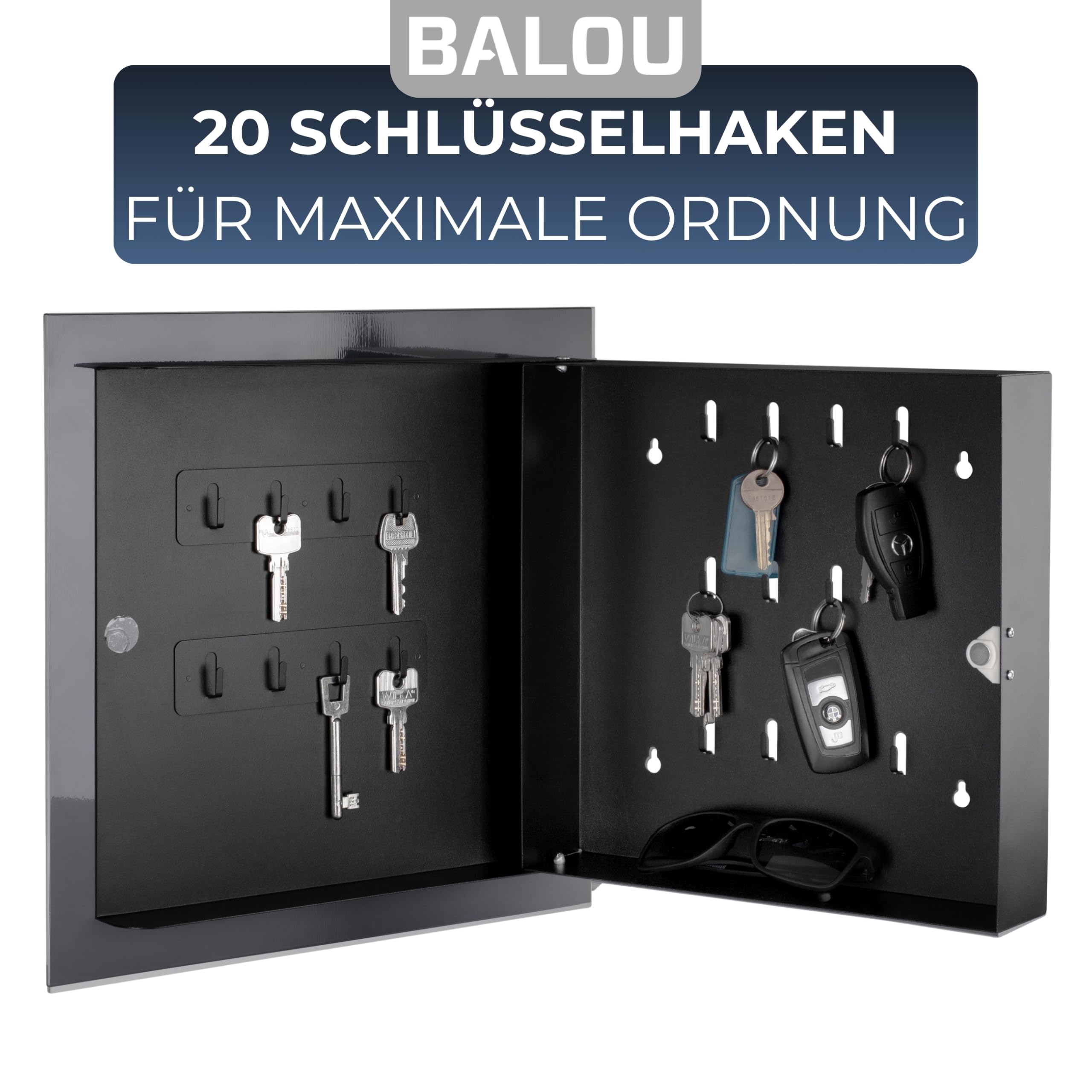 BALOU Schlüsselkasten modern mit Glas Magnettafel - Memoboard magnetisch mit 6 Magneten und Stift - Schlüsselschrank groß mit 20 Haken - Ideal für Flur, Eingangsbereich, Büro - 33x33x6,8cm anthrazit