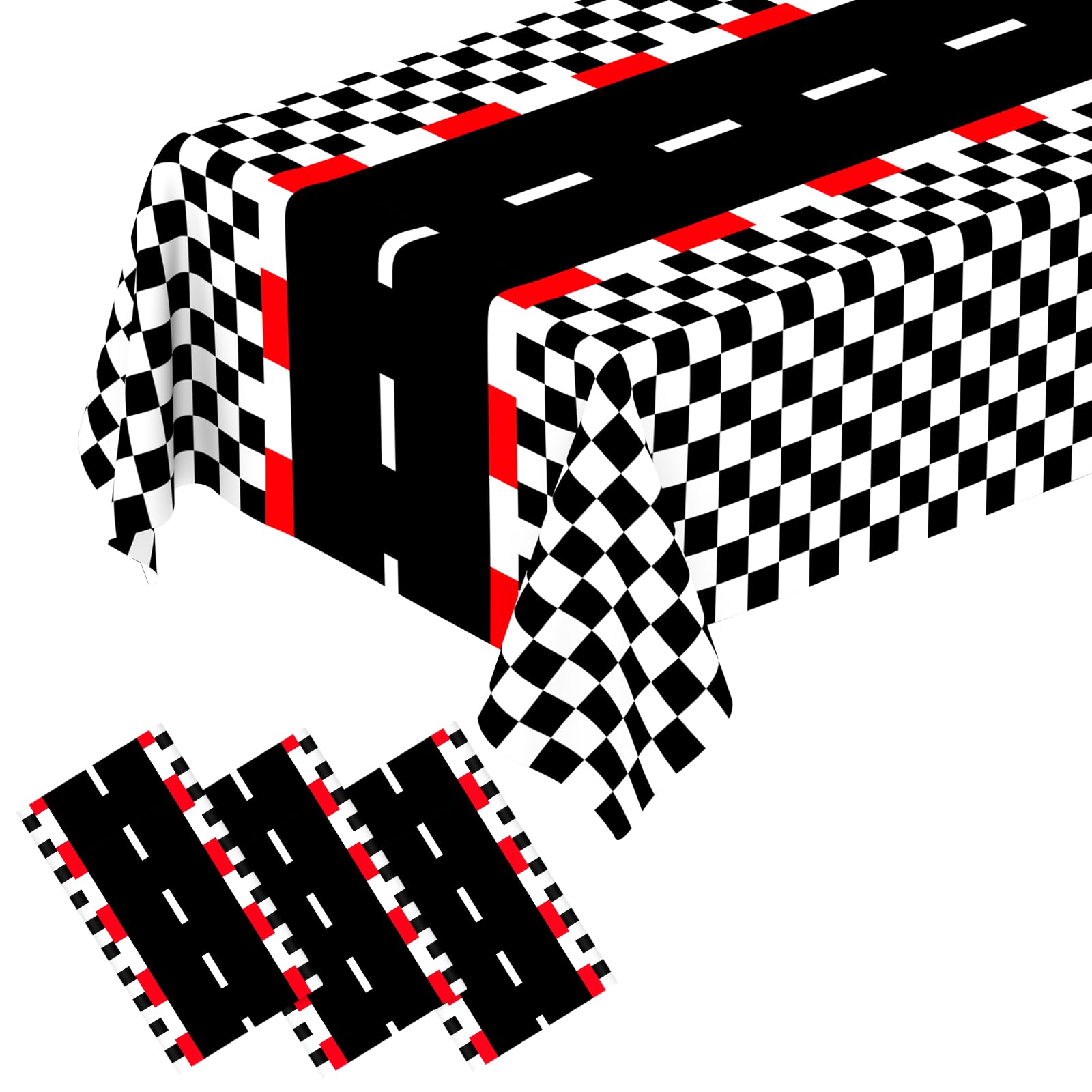 QISOLIY 3 PCS Race Car Table Cloth Racing Car Theme Tablecloths Car Disposable Plastic Tablecloths Black Checkered Racetrack Flag Table Covers for Race Car Birthday Party Decorations, 54 x 108 Inch