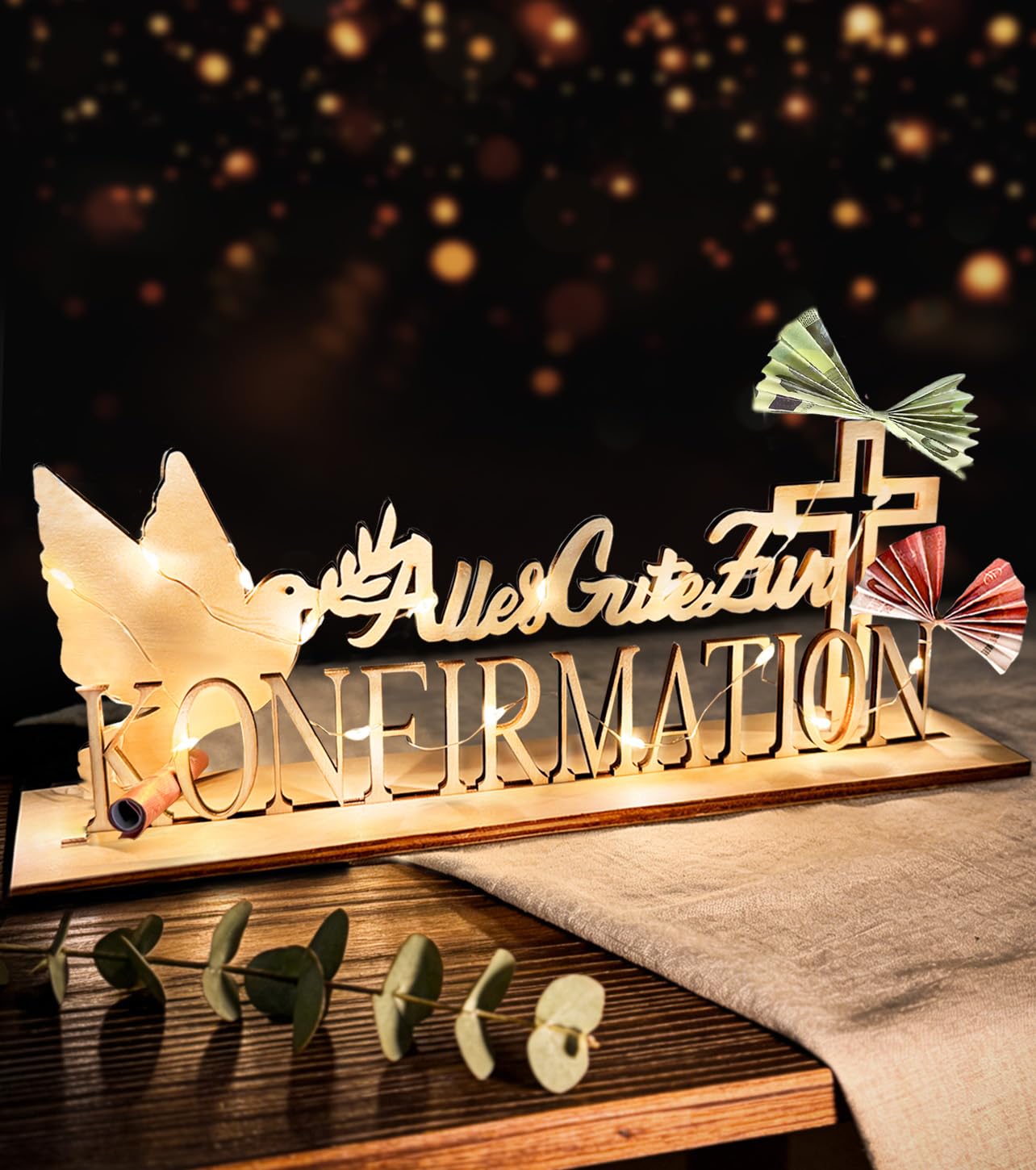 Leboria Holz Geldgeschenk Konfirmation mit LED Lichterkette, Kreatives Konfirmation Geschenk - Alles Gute zur Konfirmation für Mädchen und Jungen