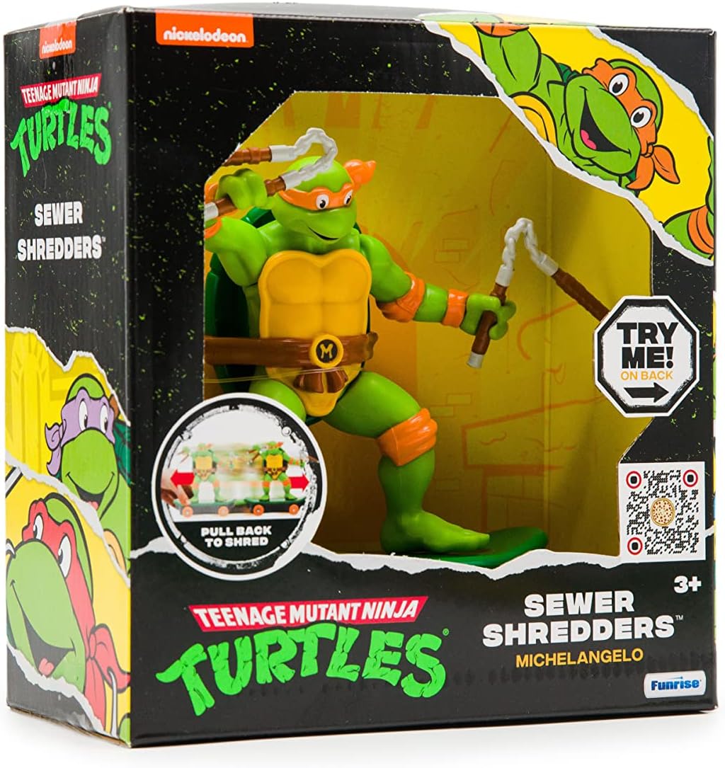 Teenage Mutant Ninja Turtles Sewer Shredders Classic Michelangelo – 5” Pull-Back Skate Toy on Wheels with Battle Action – Easter Birthday Gift for Boys Ages 3-8 – Collect All 4