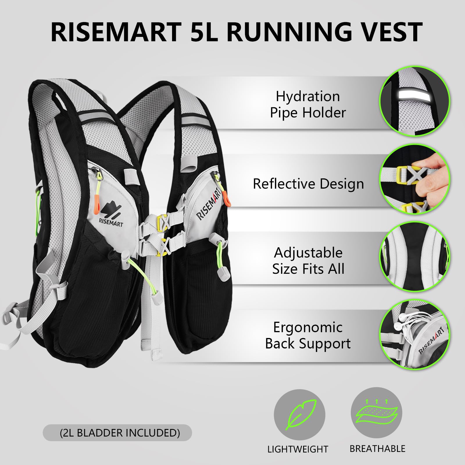 RISEMART Kamizelka do Biegania dla Kobiet i Mężczyzn, Odblaskowy Plecak z Regulowanymi Pasami Piersiowymi, Ultralekki Plecak do Biegania na Maraton, Jogging, Jazdę na Rowerze, Kemping, Wędrówki