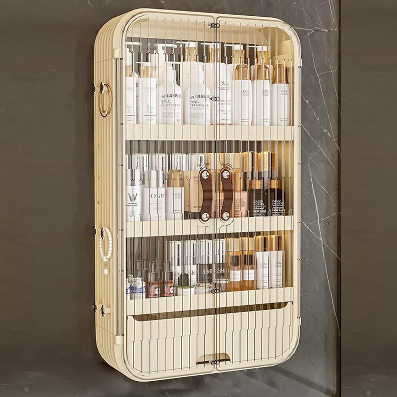 Łazienkowa szafka ścienna, nad toaletą, przechowywanie z tworzywa sztucznego z przezroczystymi drzwiami, kremowa, 43 x 13,5 x 70 cm, idealna do pralni, szafki z szufladami do wyposażenia domu