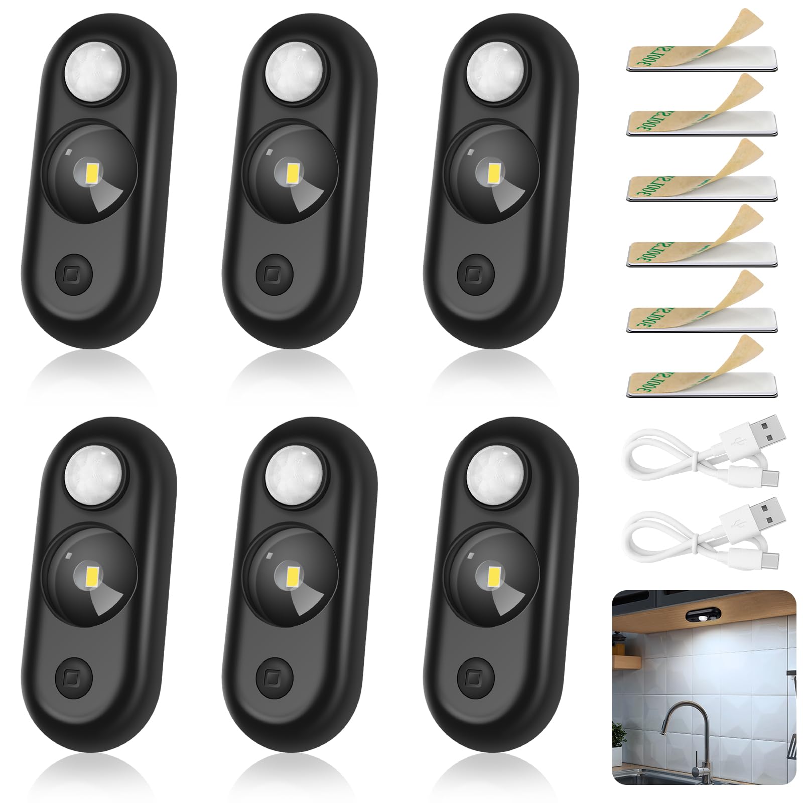 inShareplus LED Motion Sensor Lights Indoor, 6 Pack Black Dimmable Cupboard Lights with 3 Modes, USB Rechargeable Magnetic Night Light, Pure White Wireless Lighting for Cabinet, Closet, Shelf, Stair