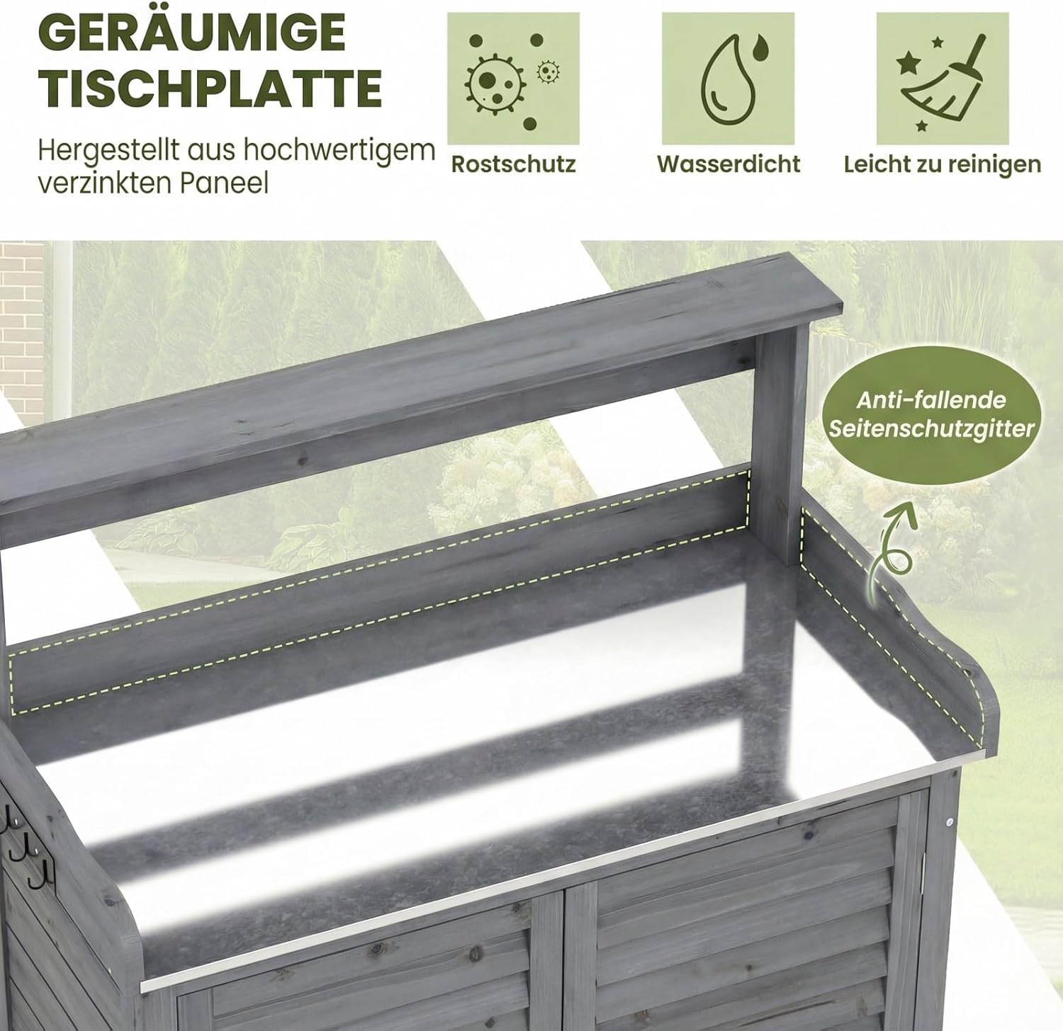 RELAX4LIFE Pflanztisch Outdoor, Gartentisch Holz mit Unterschrank, Verzinkter Arbeitsplatte, Abnehmbaren Regalen & Haken, Arbeitstisch wetterfest für Garten, Hof, Terrasse, 87 x 45 x 120 cm, Grau