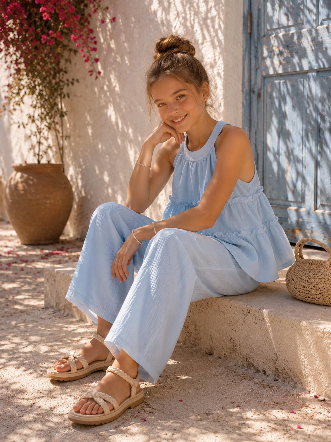 Cakaner Teen Girls Clothes Ruffle Sleeveless Tank Top and Wide Leg Pants 2 Piece School Outfit Set Size 7-14