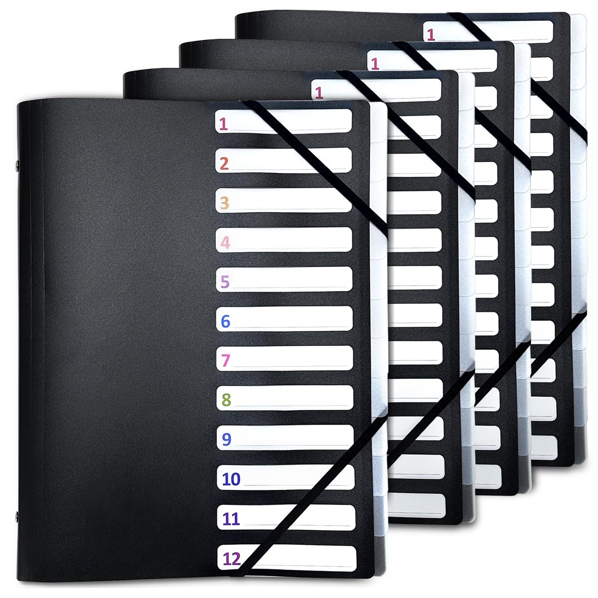 4 x A4 12 Compartments with Storage 3 Flaps - Black Polypropylene Strong Elastic Closure Polypropylene Dividers - Numbered and Identifiable Compartments - Office Filing