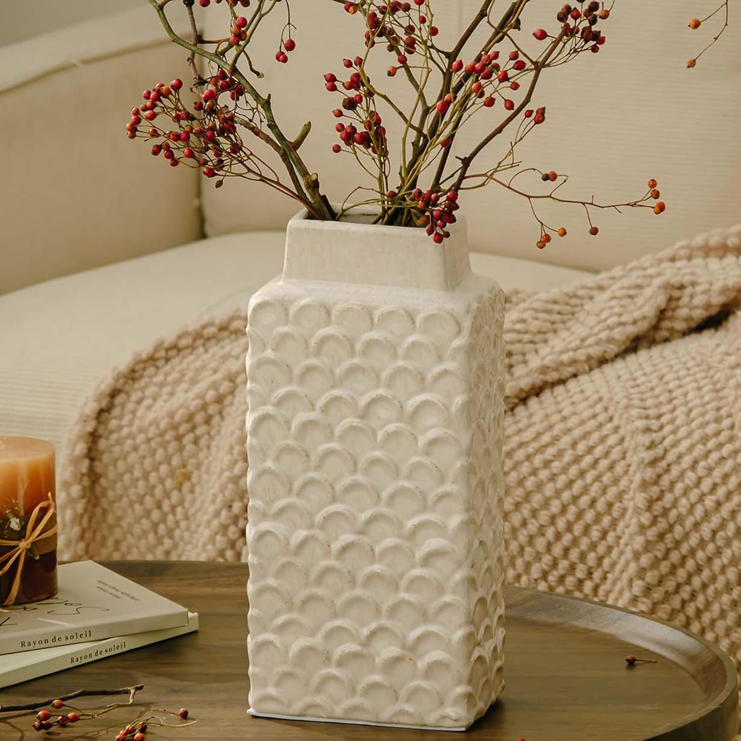 Tall Ceramic Flower Vase, 12.6" Large Decorative Vases for Flowers, Beige Rustic Farmhouse Vase for Home Decor,Centerpieces,Bathroom,Living Room,Shelf,Coffee Table,Mantel,Entryway,Bedroom,Kitchen