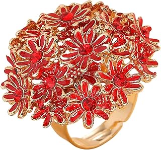Exquisite Daisy Flower Statement Ring for Women Gold-Toned Pink Cubic Zirconia Open Band Wrap Expandable Adjustable Big Finger Rings Comfort Fit Indian Style Exaggerated Jewelry