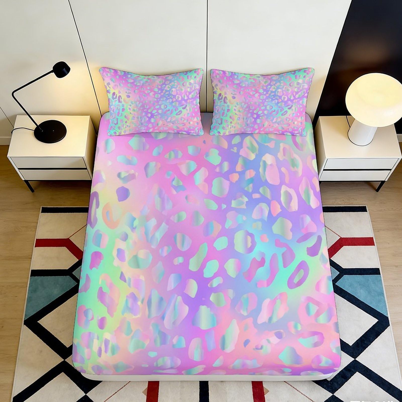 3D Printed Pastel Leopard Fitted Sheet Microfiber Soft Breathable Gradient Mattress Cover for Bedroom Dormitory Guest Room Mattress Protection Decor 180x200x25cm