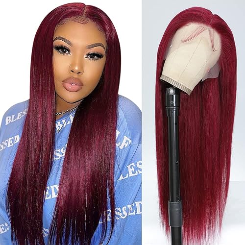 Xeparlo 28 Inch 99j Burgundy Lace Front Wigs Human Hair Pre Plucked 13x4 Straight 99j Human Hair Wig with Baby Hair 150% Density Wine Red Wig Colored straight 99j Lace Front Wig for Women
