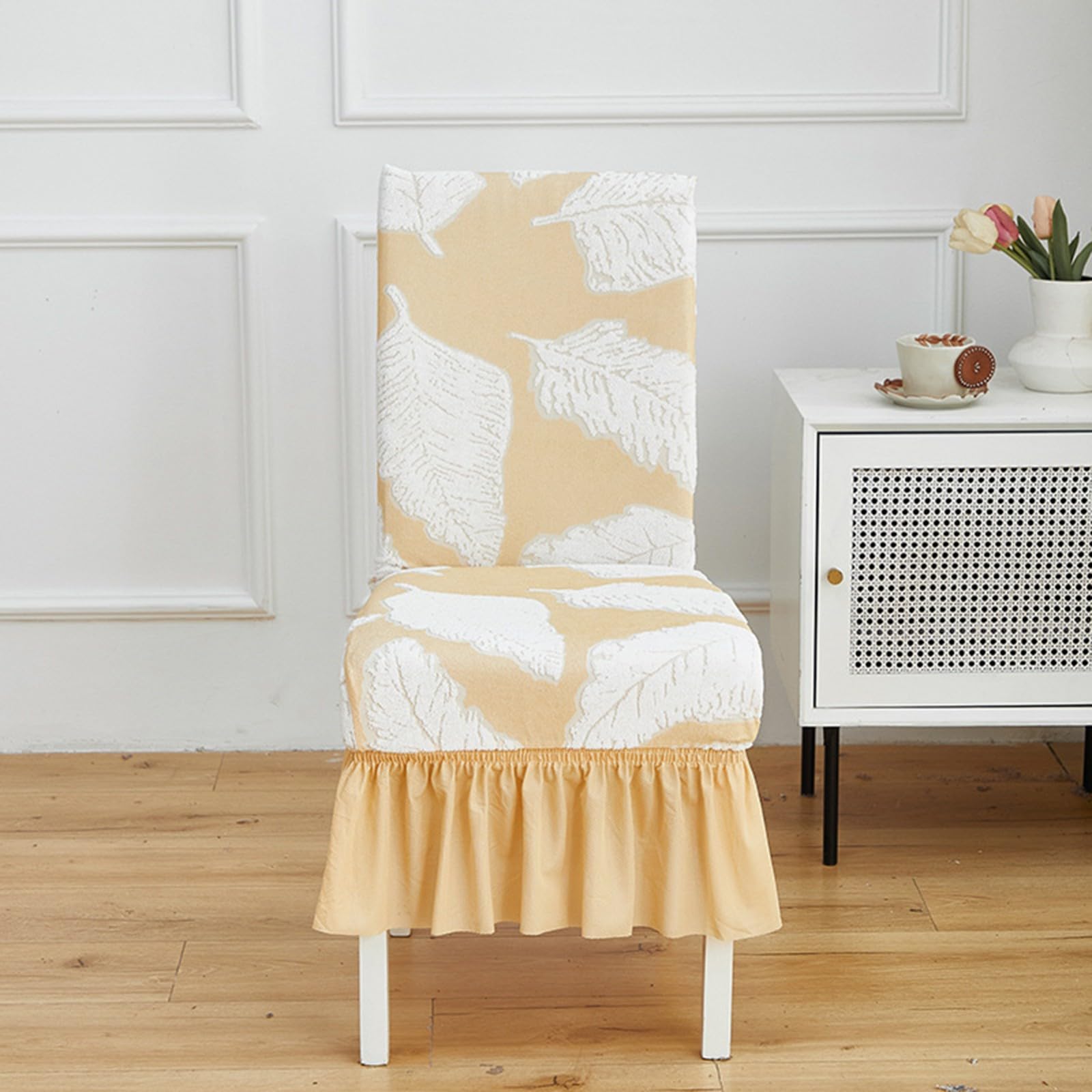 Esszimmer Stuhlhussen mit Rock,Stuhlhussen für Esszimmerstühle 2/4/6er-Set | Dehnbare Waschbar Stuhlbezug,Kratzfest und Katzenkratzfest(Beige,6Pcs)