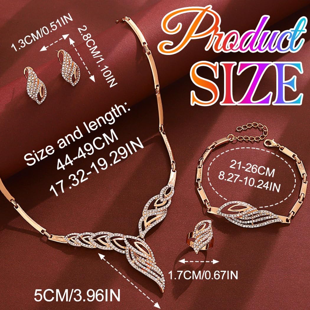 Aukmla Rhinestone Jewelry Set Gold Necklace Earrings Bracelet Ring Sets Prom Costume Jewelry for Women - Image 6
