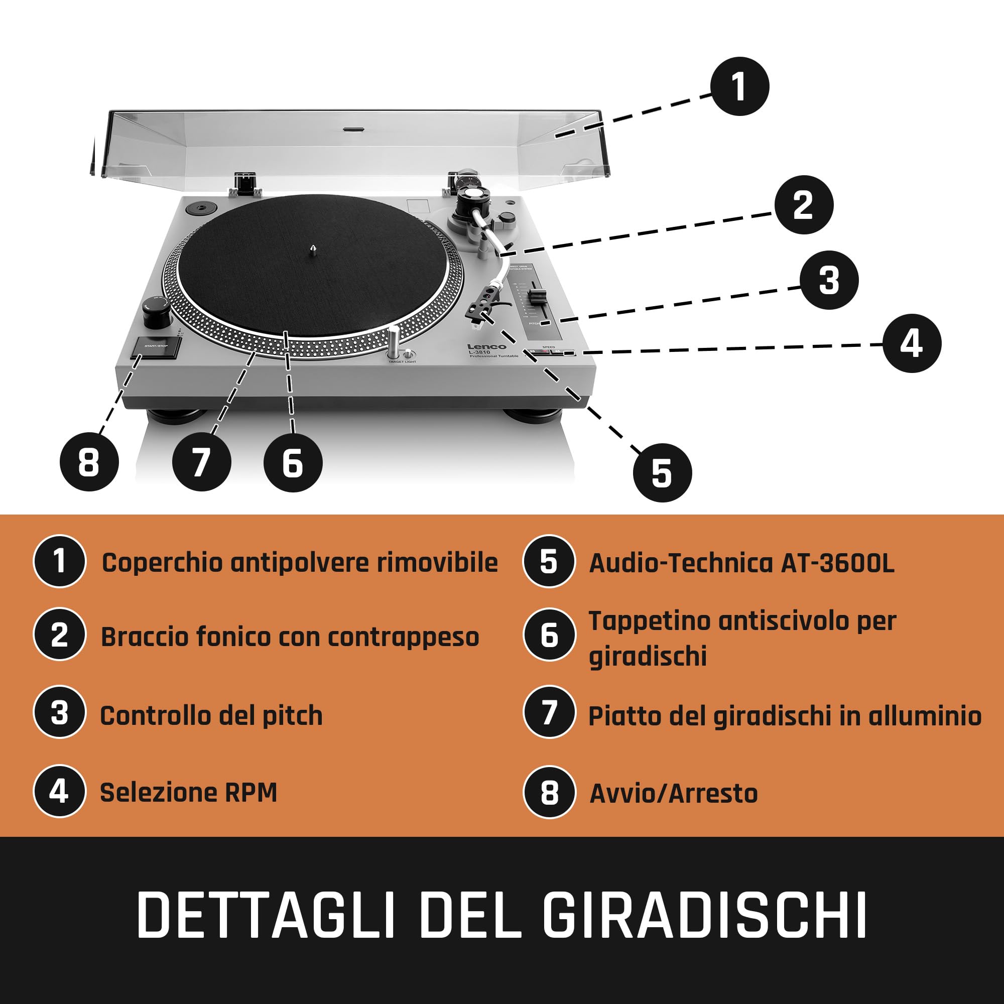 Lenco L-3810 Giradischi con azionamento diretto – Giradischi DJ – 33/45 giri/min – Pitch Control – Sistema di pickup magnetico – Illuminazione ago – Pitch Control – Grigio opaco