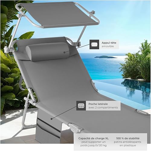 tectake® Set de 2 Chaise Longue Pliante Bain de Soleil Jardin Exterieur avec Pare Soleil, Appuie-tête, Pochette Chaise longue inclinable Transat de plage Relax Jardin Camping Salon de jardin exterieur - 4