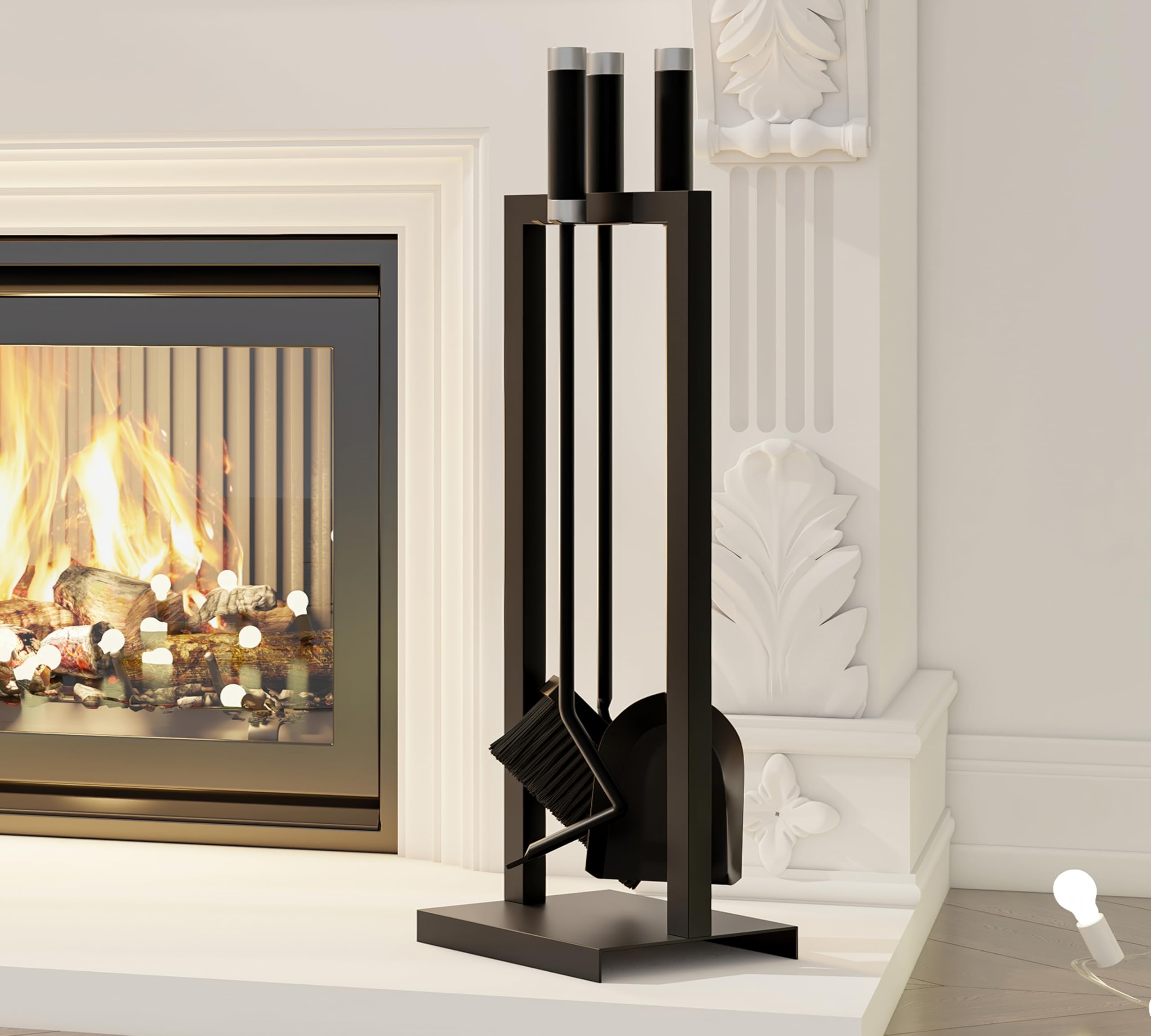 Kingson – Set di accessori per caminetto, 3 pezzi, con supporto – Include pala, spazzola e attizzatoio – Nero con rivestimento in polvere, manici in acciaio e inossidabile – 59,5 cm