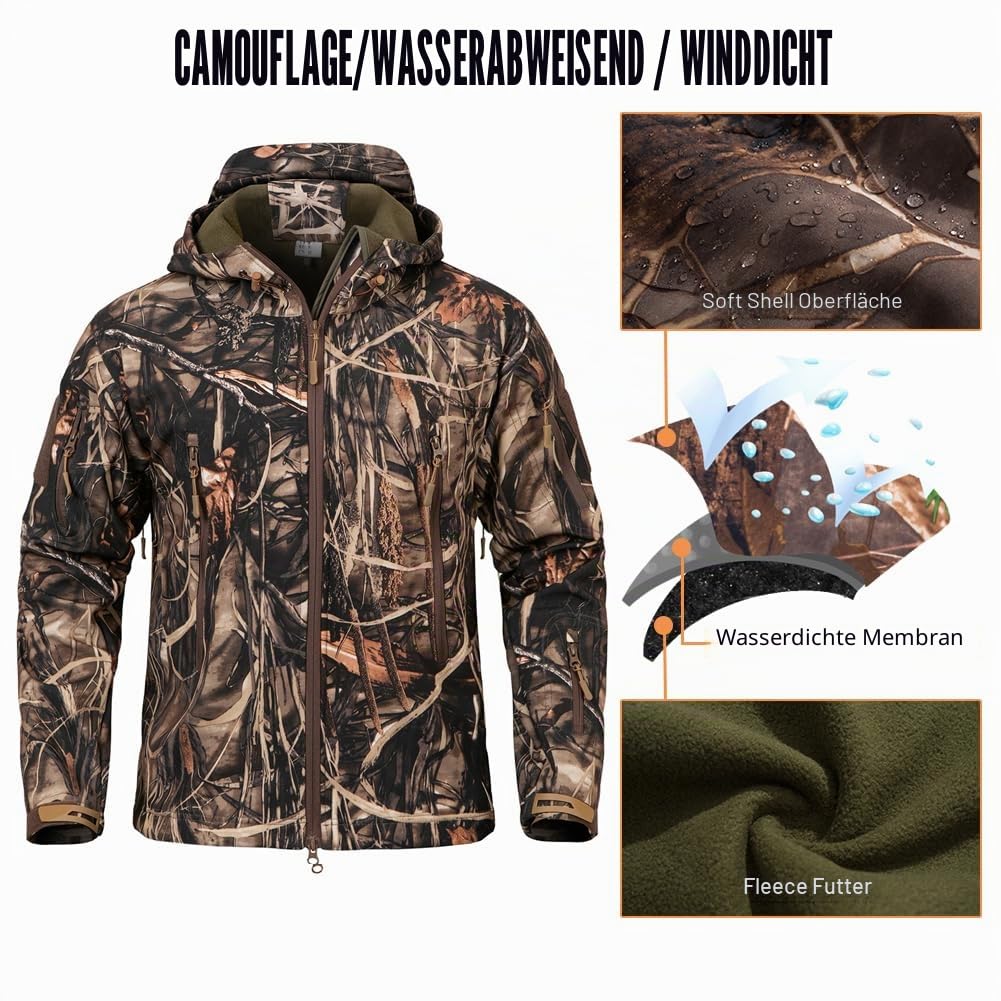CARWORNIC Herren Outdoor Wasserdicht Soft Shell Hooded Tactical Jacke Warm Fleece Militär Wandern Jacke