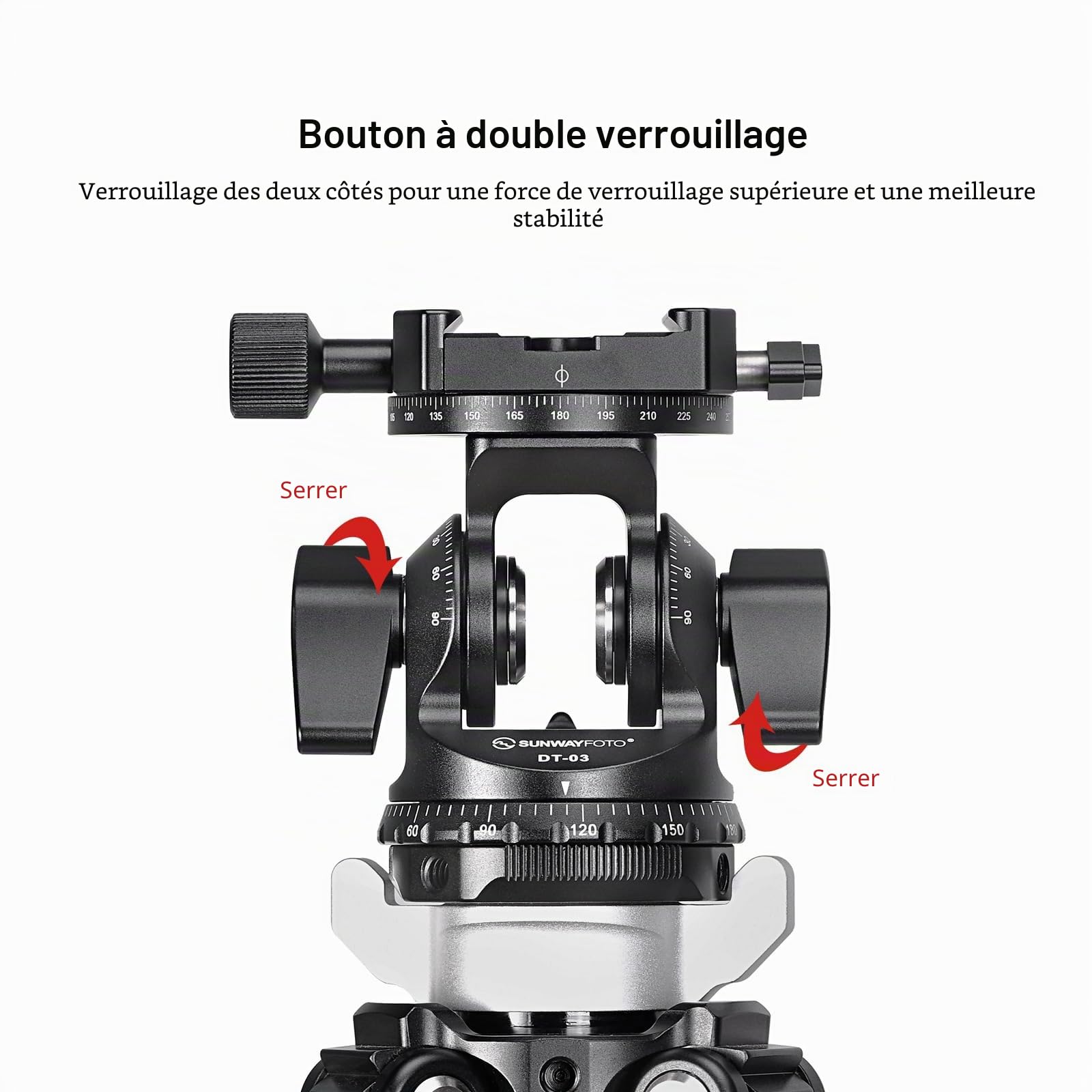 SUNWAYFOTO DT-03R Tête inclinable bidirectionnelle pour monopode et trépied avec pince rotative panoramique Capacité de charge 6,8 kg